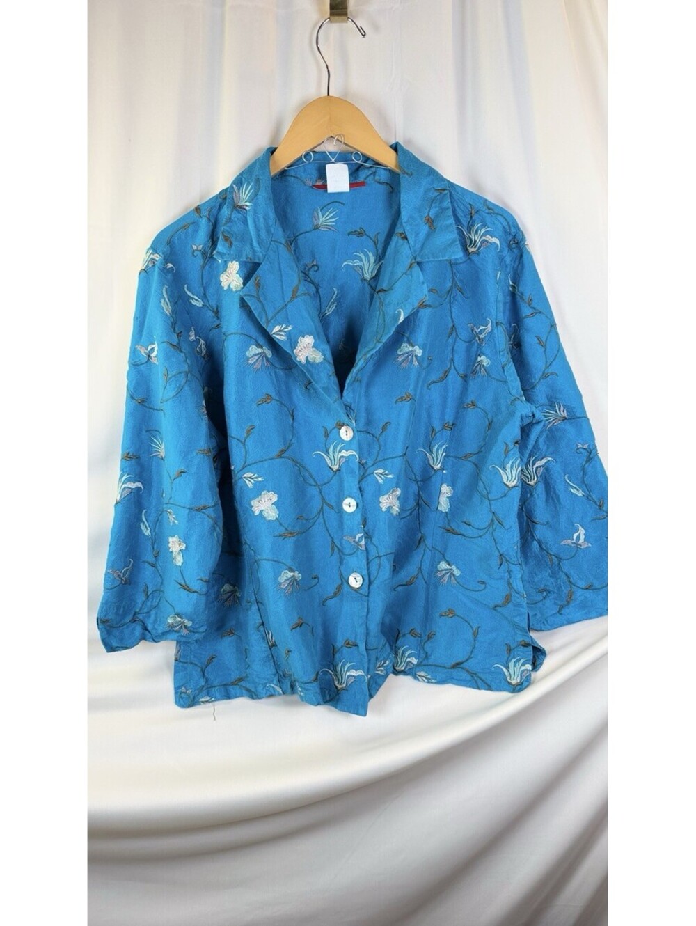 LISbeth Turquoise 100% Silk Beaded Embroidered Cotton Lined Jacket XL Vintage
